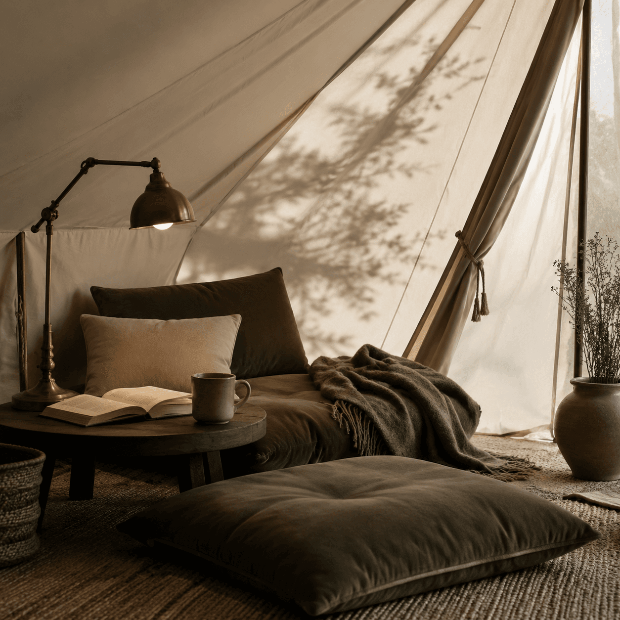 Festival Quiet Corner — boutique canvas tent interior mood